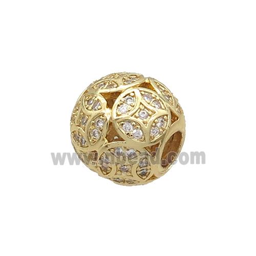 Copper Round Beads Pave Zircon Large Hole Gold Plated