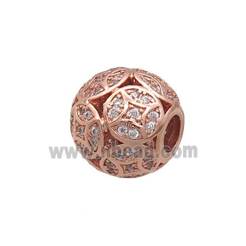 Copper Round Beads Pave Zircon Large Hole Rose Gold
