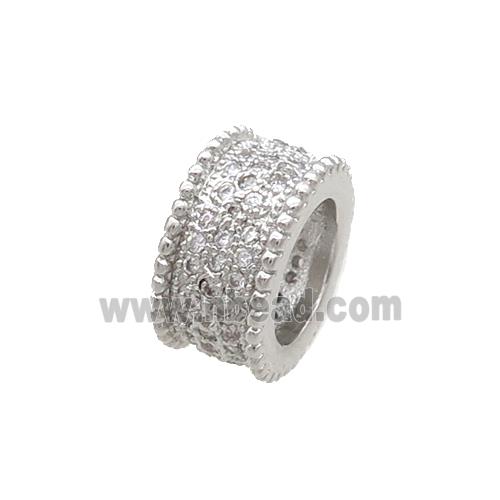 Copper Tube Beads Pave Zircon Large Hole Platinum Plated