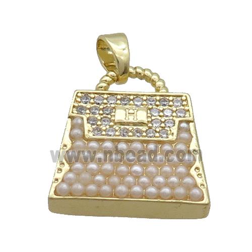 Copper Bag Charm Pendant Pave Zircon Pearlized Resin Gold Plated