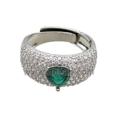 Copper Ring Pave Zircon Green Crystal Glass Heart Adjustable Platinum Plated