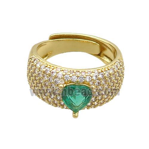 Copper Ring Pave Zircon Green Crystal Glass Heart Adjustable Gold Plated
