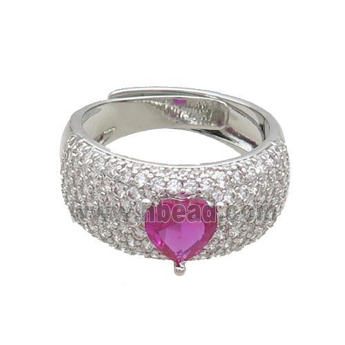 Copper Ring Pave Zircon Hotpink Crystal Glass Heart Adjustable Platinum Plated
