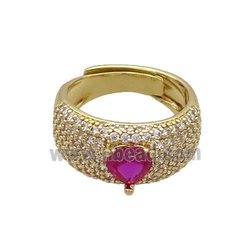 Copper Ring Pave Zircon Hotpink Crystal Glass Heart Adjustable Gold Plated