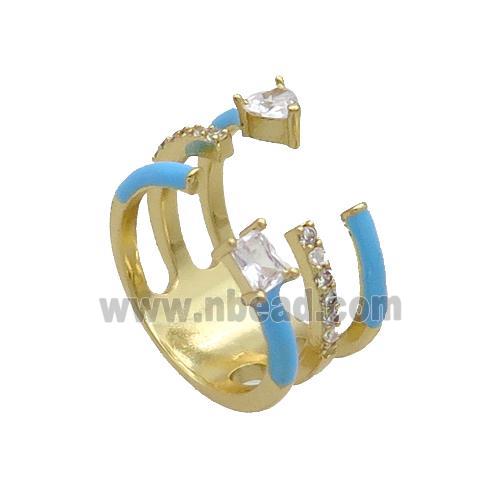 Copper Ring Pave Zircon Blue Enamel Gold Plated