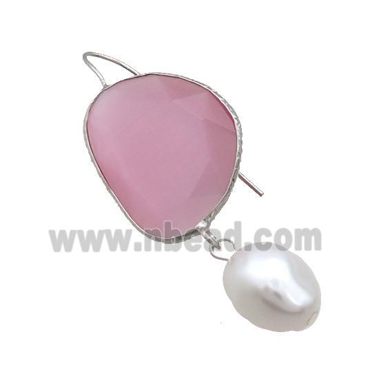 Copper Hook Earring With Pearlized Shell Pink Cat Eye Glass Platinum Plated