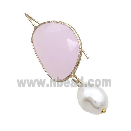 Copper Hook Earring With Pearlized Shell Pink Cat Eye Glass Gold Plated
