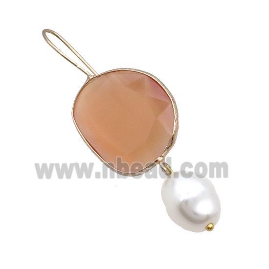 Copper Hook Earring With Pearlized Shell Peach Cat Eye Glass Gold Plated