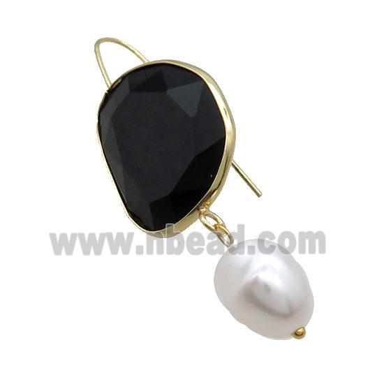 Copper Hook Earring With Pearlized Shell Black Cat Eye Glass Gold Plated
