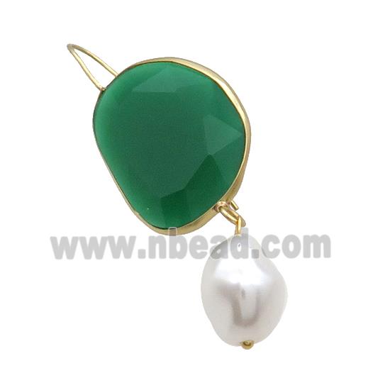 Copper Hook Earring With Pearlized Shell Green Cat Eye Glass Gold Plated