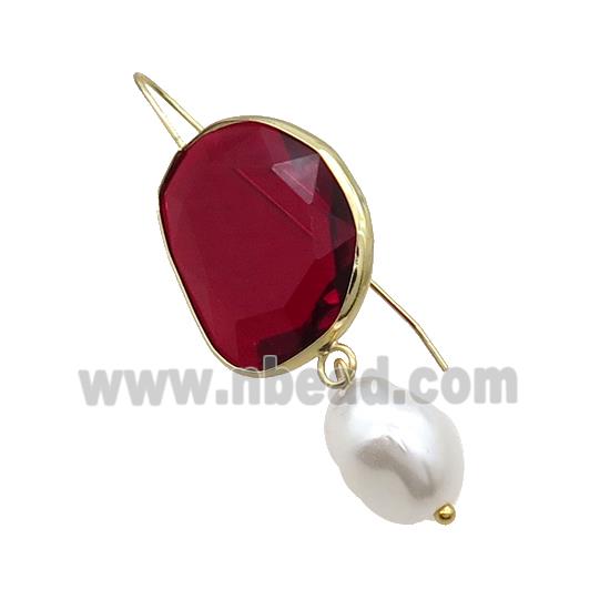 Copper Hook Earring With Pearlized Shell Red Cat Eye Glass Gold Plated
