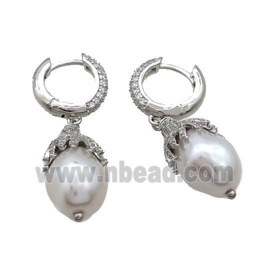 Copper Hoop Earring Pave Zircon Pearlized Shell Platinum Plated