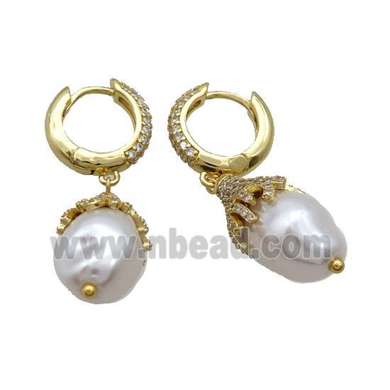 Copper Hoop Earring Pave Zircon Pearlized Shell Gold Plated