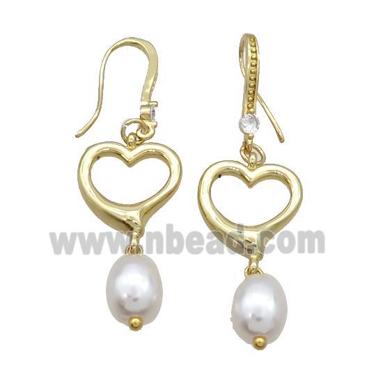 Copper Hook Earring Pave Zircon Heart Pearlized Shell Gold Plated