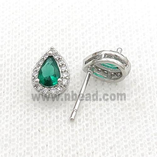 Copper Stud Earring Pave Green Crystal Teardrop Platinum Plated