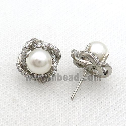 Copper Stud Earring Flower Pave Zircon Pearlized Shell Platinum Plated