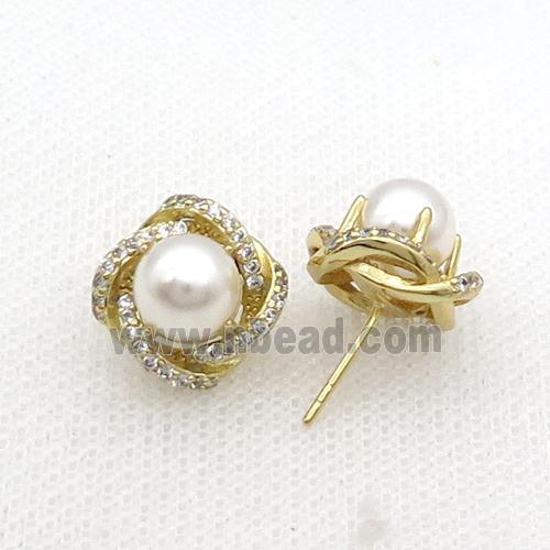 Copper Stud Earring Flower Pave Zircon Pearlized Shell Gold Plated