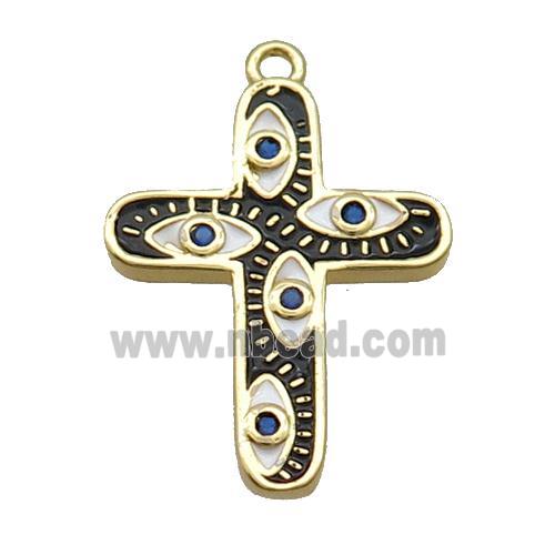 Copper Cross Pendant Pave Zircon Black Enamel Eye Gold Plated