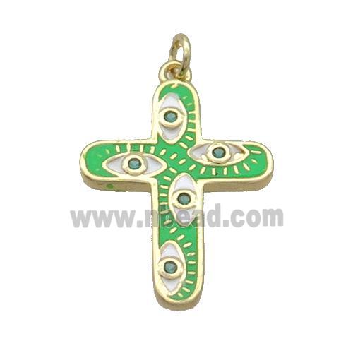 Copper Cross Pendant Pave Zircon Green Enamel Eye Gold Plated