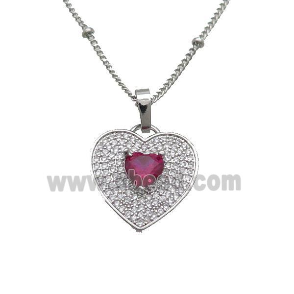 Copper Necklace With Heart Pave Zircon Red Platinum Plated