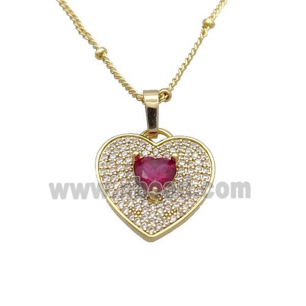 Copper Necklace With Heart Pave Zircon Red Gold Plated