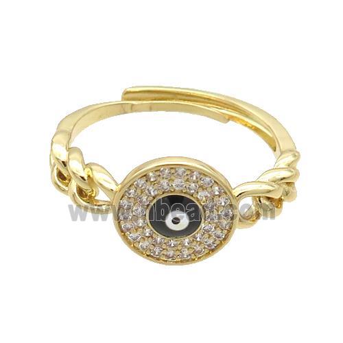 Copper Ring Pave Zircon Black Enamel Evil Eye Adjustable Gold Plated