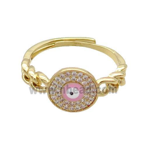 Copper Ring Pave Zircon Pink Enamel Evil Eye Adjustable Gold Plated