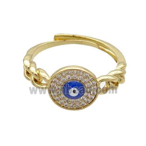 Copper Ring Pave Zircon Blue Enamel Evil Eye Adjustable Gold Plated