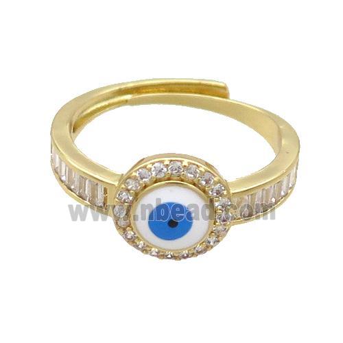 Copper Ring Pave Zircon White Enamel Evil Eye Adjustable Gold Plated