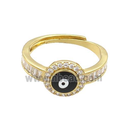 Copper Ring Pave Zircon Black Enamel Evil Eye Adjustable Gold Plated