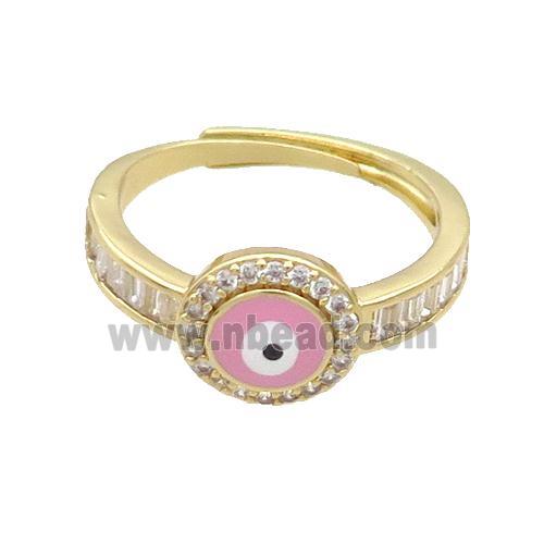 Copper Ring Pave Zircon Pink Enamel Evil Eye Adjustable Gold Plated
