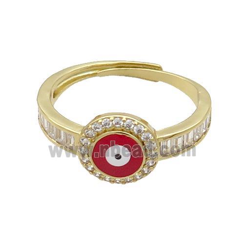 Copper Ring Pave Zircon Red Enamel Evil Eye Adjustable Gold Plated