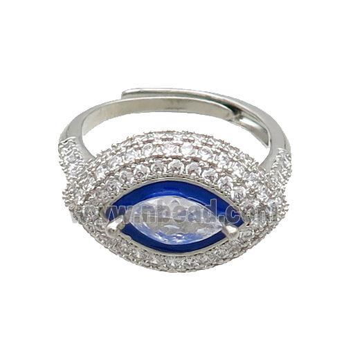 Copper Ring Pave Zircon Blue Enamel Eye Adjustable Platinum Plated
