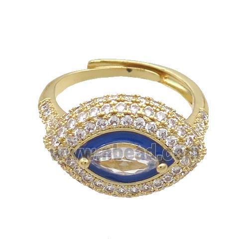 Copper Ring Pave Zircon Blue Enamel Eye Adjustable Gold Plated
