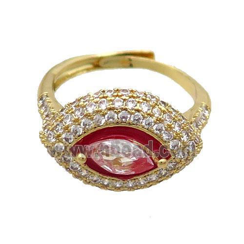 Copper Ring Pave Zircon Red Enamel Eye Adjustable Gold Plated