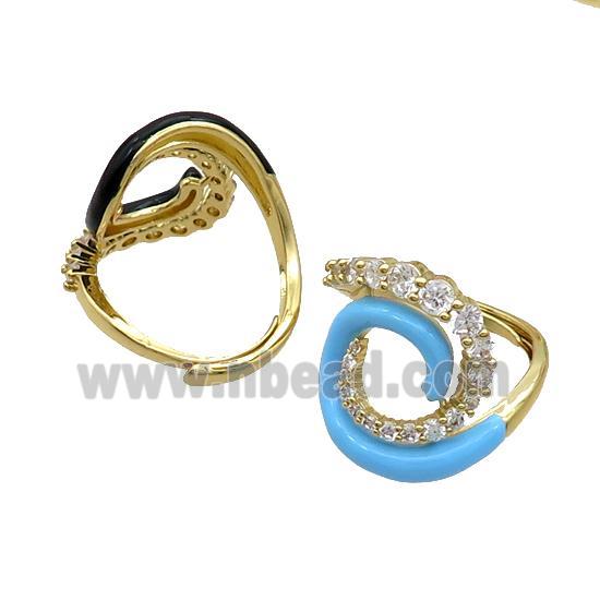 Copper Ring Pave Zircon Blue Enamel Adjustable Gold Plated