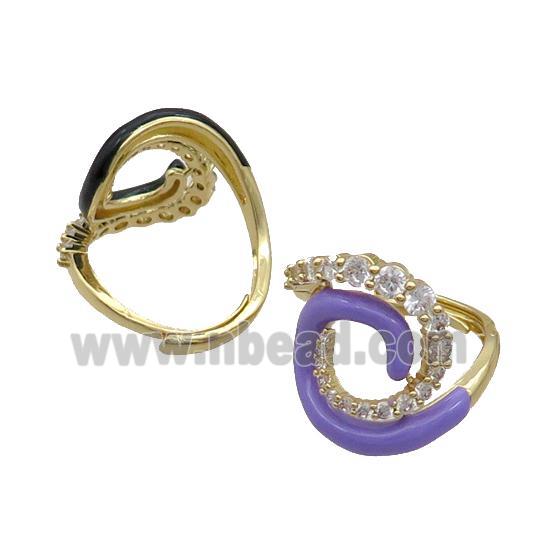 Copper Ring Pave Zircon Purple Enamel Adjustable Gold Plated