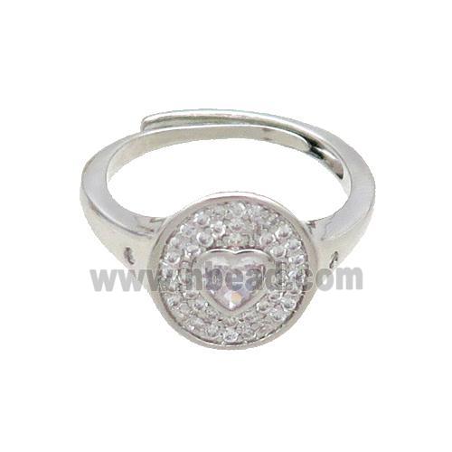 Copper Ring Pave Zircon Circle Heart Adjustable Platinum Plated