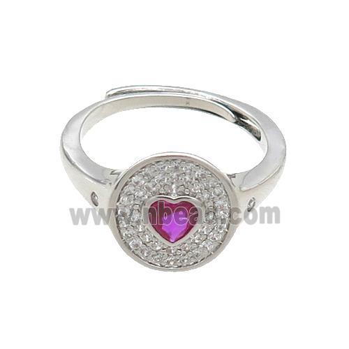 Copper Ring Pave Zircon Circle Hotpink Heart Adjustable Platinum Plated