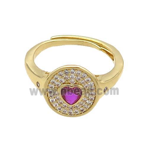 Copper Ring Pave Zircon Circle Hotpink Heart Adjustable Gold Plated