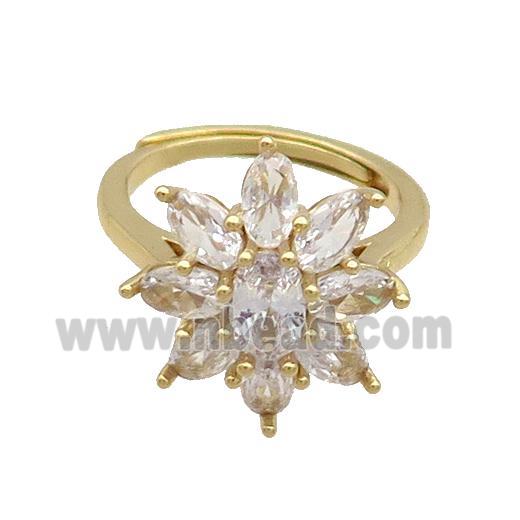 Copper Ring Pave Clear Crystal Glass Flower Adjustable Gold Plated