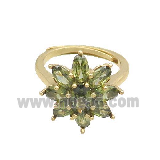 Copper Ring Pave Olive Crystal Glass Flower Adjustable Gold Plated