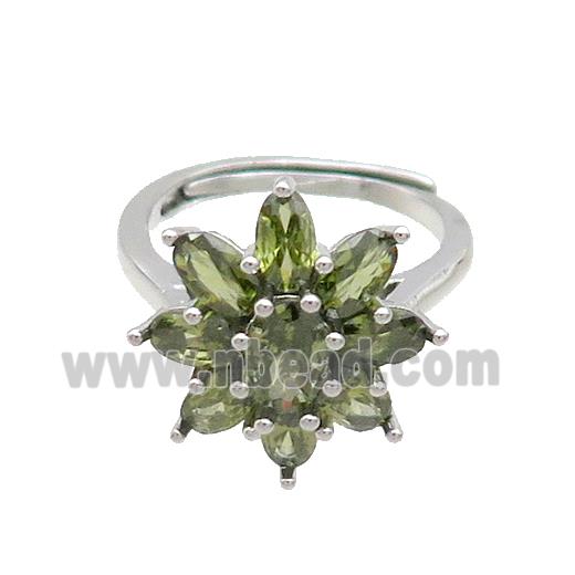 Copper Ring Pave Olive Crystal Glass Flower Adjustable Platinum Plated