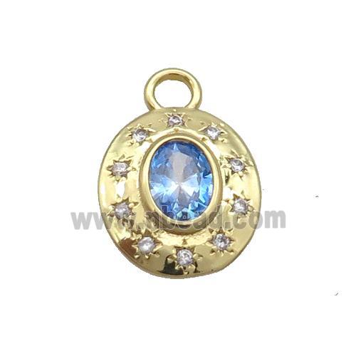 Copper Oval Pendant Pave Zircon Blue Crystal Glass Gold Plated