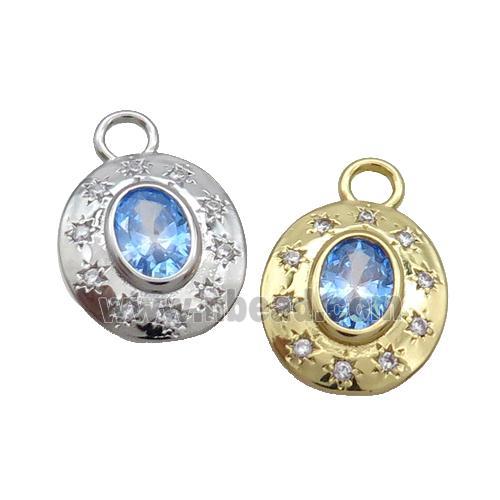 Copper Oval Pendant Pave Zircon Blue Crystal Glass Mixed