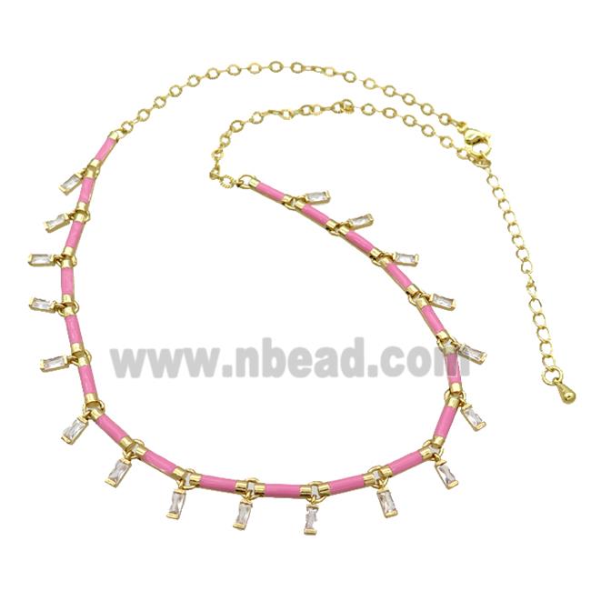 Copper Necklace Pave Zircon Pink Enamel Gold Plated