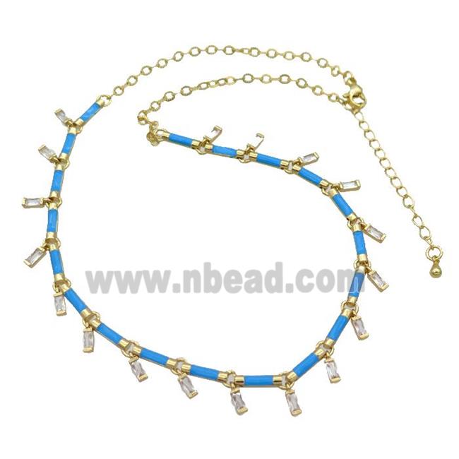 Copper Necklace Pave Zircon Blue Enamel Gold Plated