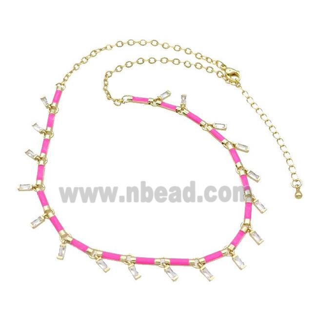 Copper Necklace Pave Zircon Hotpink Enamel Gold Plated