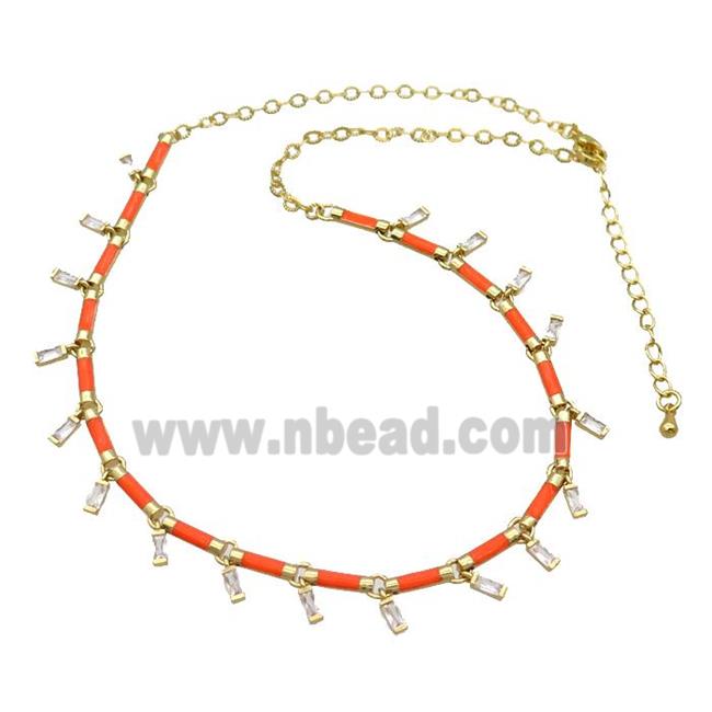 Copper Necklace Pave Zircon Orange Enamel Gold Plated
