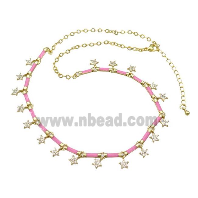 Copper Necklace Pave Zircon Pink Enamel Gold Plated